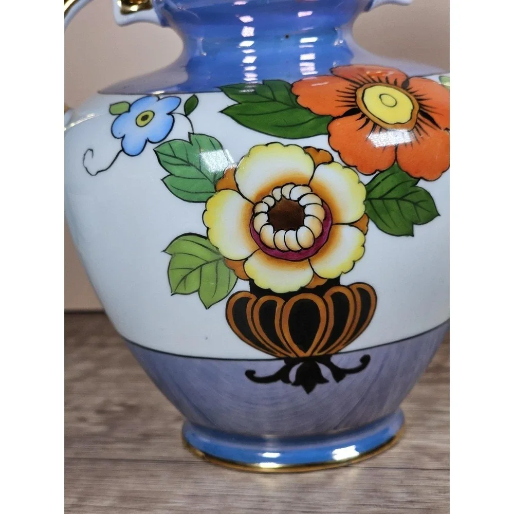 Vintage Asian Floral Ceramic Vase With Handles Blue White Pottery Decor